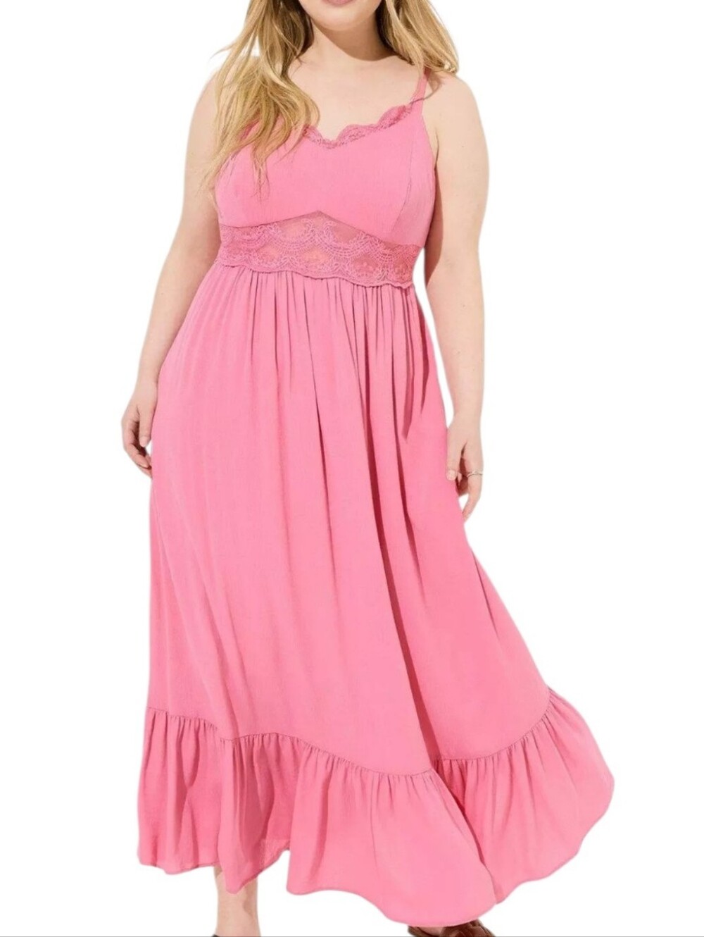 Torrid 00 Pink Lace-Trim Maxi Dress W Cutout